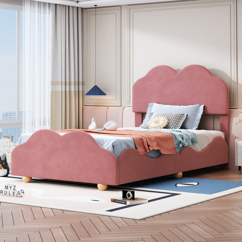 Twin Size Upholstered Platform Bed with Cloud Shaped bed board, Dark Pink