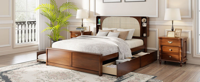 Queen Size Rattan Headboard Bed With Two Drawers And Trundle Walnut