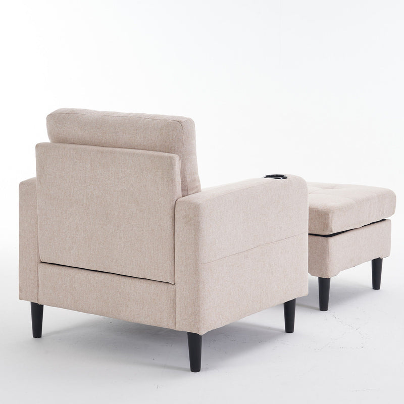 Beige Upholstered Armchair And Storage Ottoman Set, Comfortable Single Sofa With Cup Holders And Tufted Detailing, Ideal For Living Room Or Bedroom - Beige