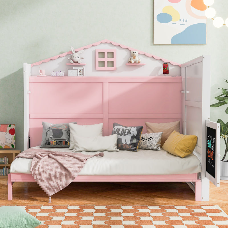 Wood Full Size House Murphy Bed with USB, Storage Shelves and Blackboard, Pink+White