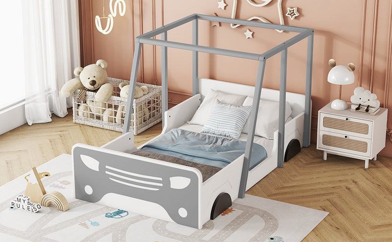 Twin Size Car-shaped Bed with Roof,Wooden Twin Floor Bed with wheels and door Design,Montessori Inspired Bedroom,Grey