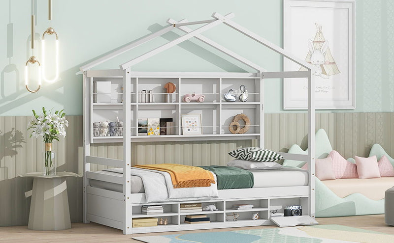 Twin House Bed With Roof Frame, Bedside-Shelves, Under Bed Storage Unit - White