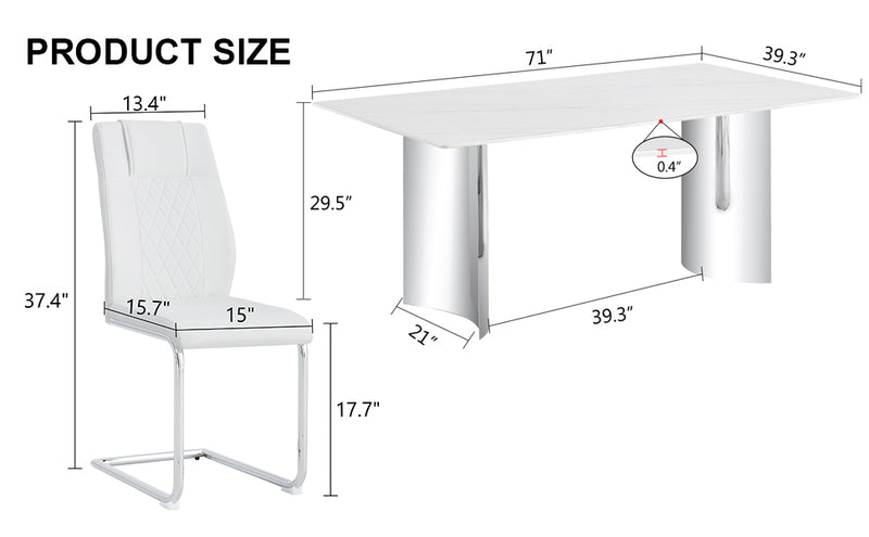 Table and chair set, modern and minimalist dining table. Imitation marble glass sticker desktop, stainless steel legs, stable and beautiful. Comfortable PU seats. DT-69