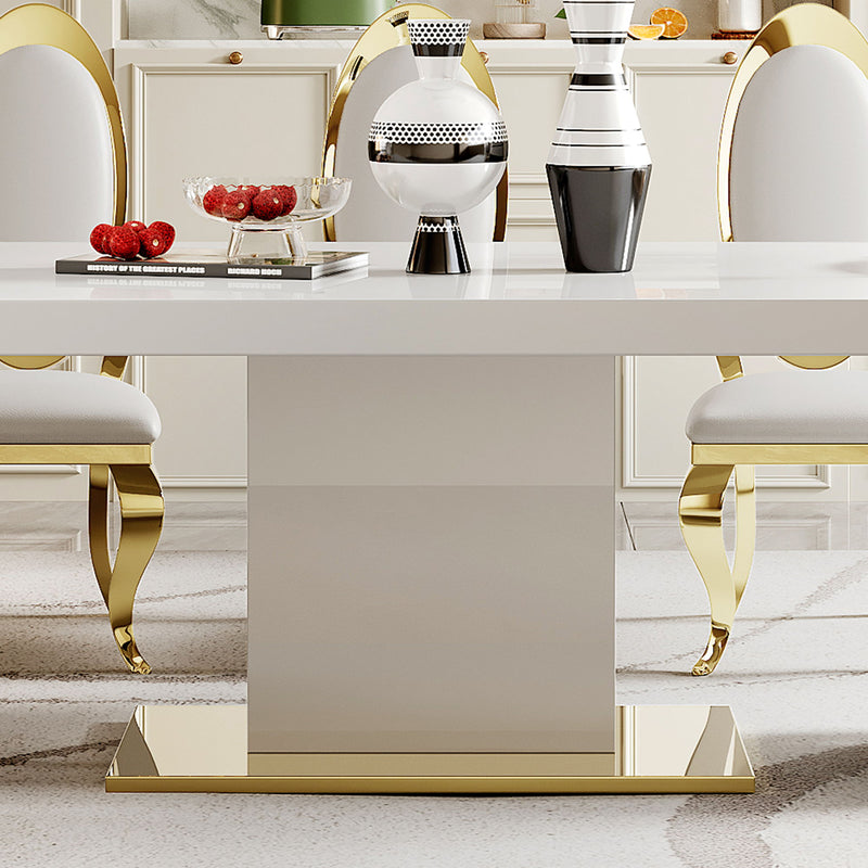 MDF Top Dining Table With Gold Finish Corner, MDF Pillar And Gold Finish Stainless Steel Base