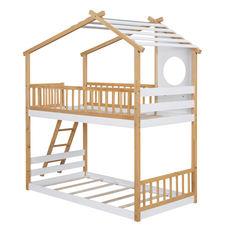 Twin Over Twin Bunk Bed Wood Bed with Roof, Window, Ladder,Natural(OLD SKU :LT100008AAD)