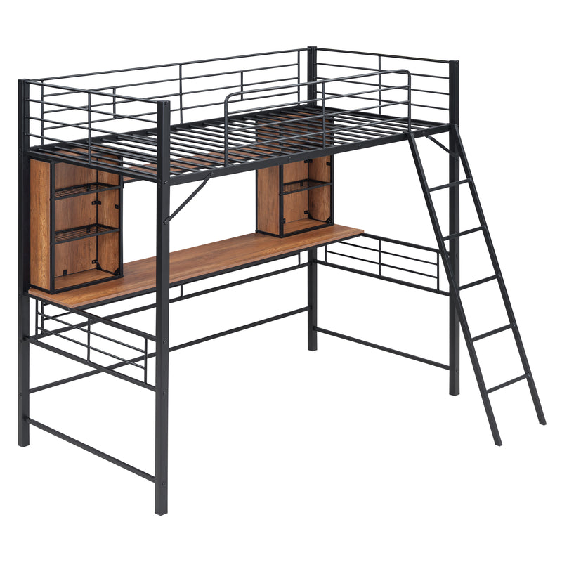 Twin Size Loft Bed with Desk and Shelf , Loft Bed with Ladder,Twin,Black