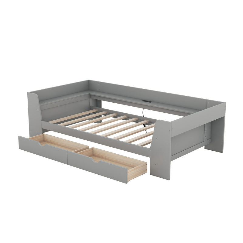 Twin Size Daybed with Shelves, Drawers and Built-In Charging Station, Gray