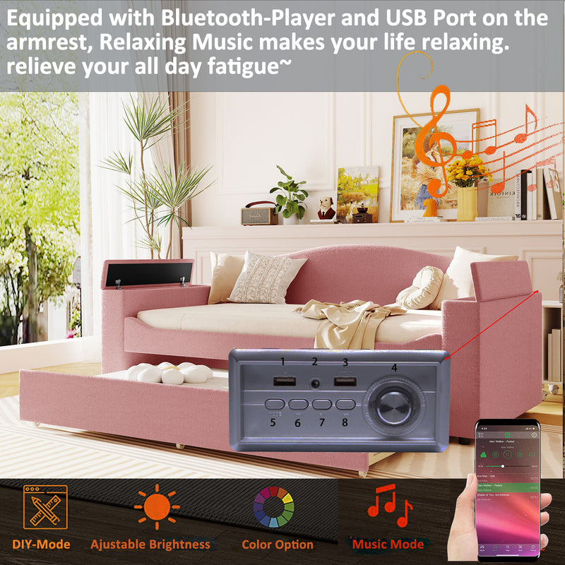 Twin Size Upholstered Daybed with Storage Armrests, Trundle and Latest Integrated Bluetooth Audio System, Teddy Fleece, Pink