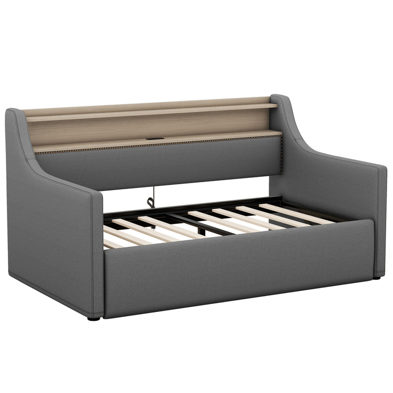 Twin Size Daybed with Hydraulic Storage, Upholstered Daybed with Lift Up Storage, Twin Linen Daybed with Charging Station and LED Lights,Gray(Expect arrival date 2024.2.20)