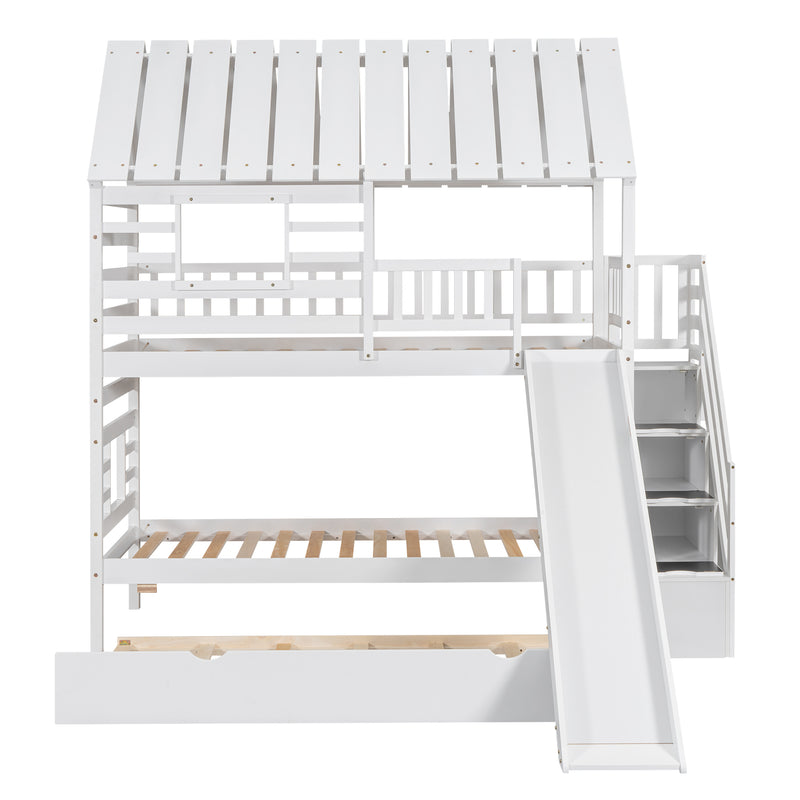 Twin over Twin House Bunk Bed with Trundle and Slide, Storage Staircase, Roof and Window Design, White(Old SKU: GX000931AAK)