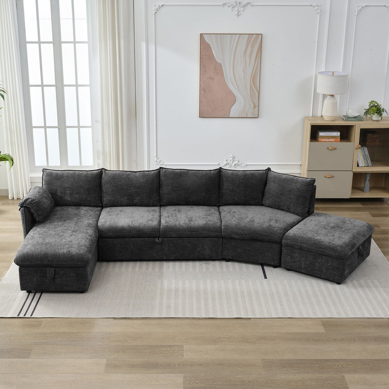 L-Shaped Sofa Sectional Sofa Couch Pull-Out Sofa Bed With A Movable Storage Ottoman, A Storage Chaise Lounge And Two USB Ports For Living Room