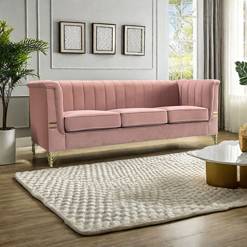 FX-P82-PK(SOFA) Modern Designs Velvet Upholstered Living Room Sofa, 3 Seat Sofa Couch With Golden Metal Legs For Home, Apartment Or Office - Pink