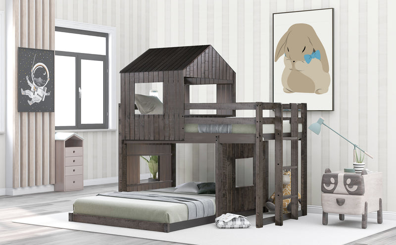 Wooden Twin Over Full Bunk Bed, Loft Bed with Playhouse, Farmhouse, Ladder and Guardrails , Antique Gray( old sku: LT000027AAE )