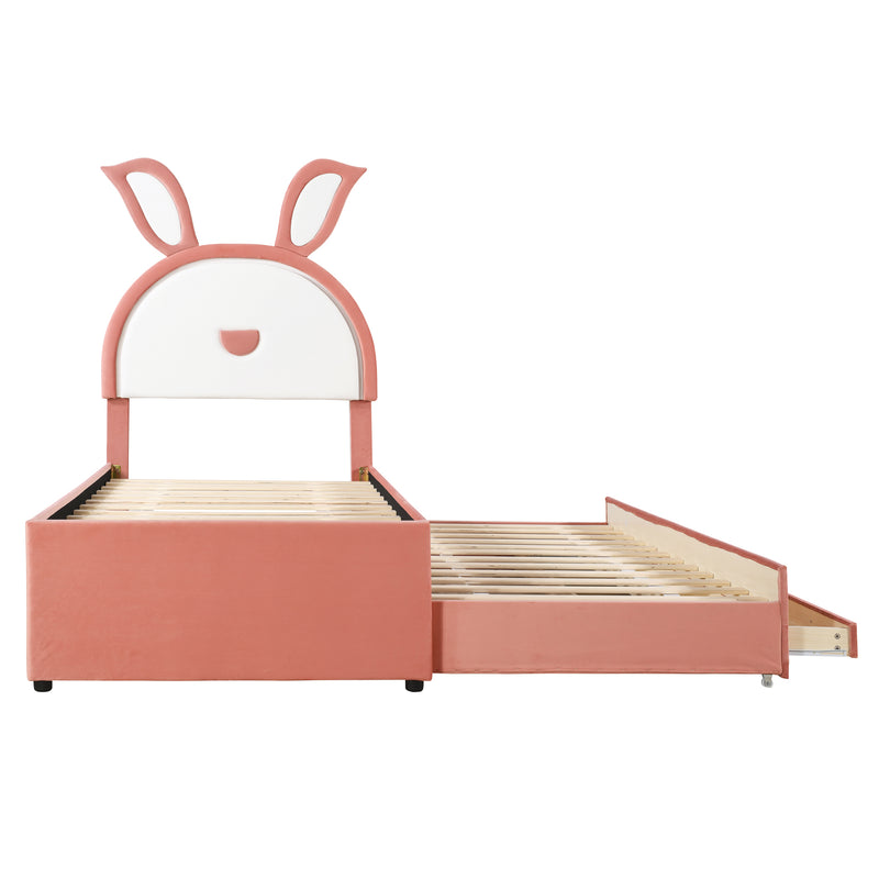 Twin Size Upholstered Platform Bed with Trundle and 3 Drawers, Rabbit-Shaped Headboard with Embedded LED Lights, Pink