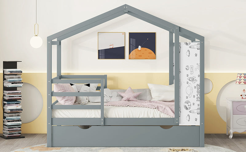 Twin Size Wood House Bed with Fence and Writing Board, Gray