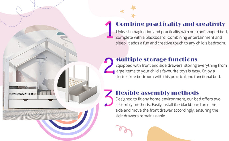 Twin House Bed with Blackboard and Drawers, Two assembly options, White