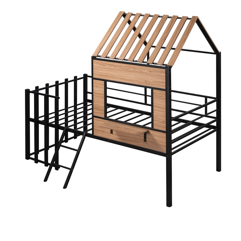 Twin Size Loft Bed With Roof, Window, Guardrail, Ladder