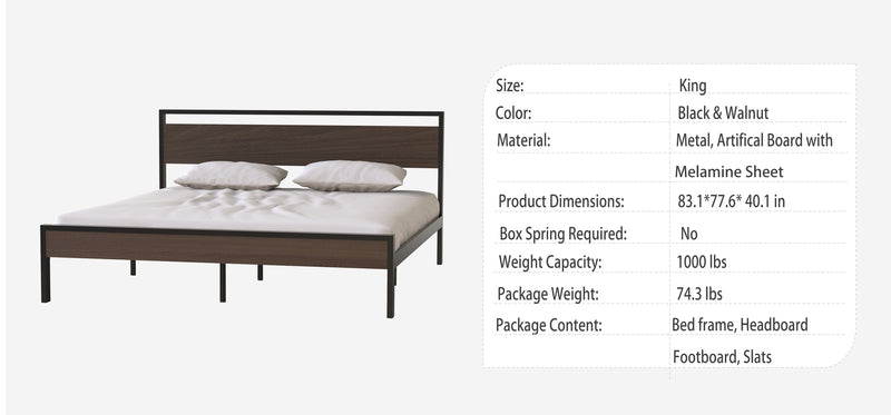 Ceres Metal Bed, Black with Walnut wood Headboard&Footboard, King