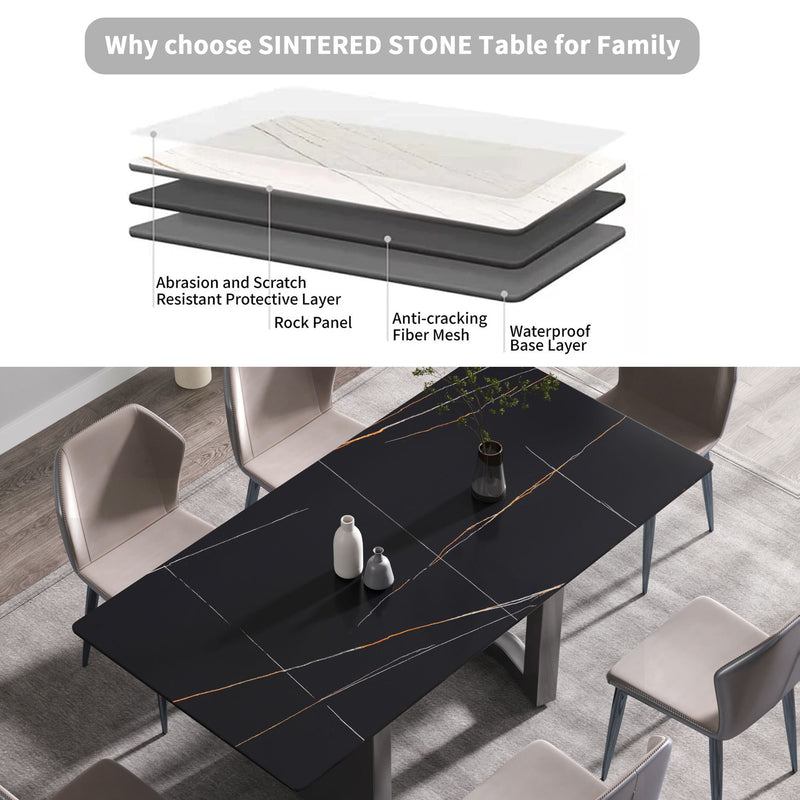 70.87" Modern Artificial Stone Black Straight Edge Black Metal Leg Dining Table, Can Accommodate 6-8 People - Black