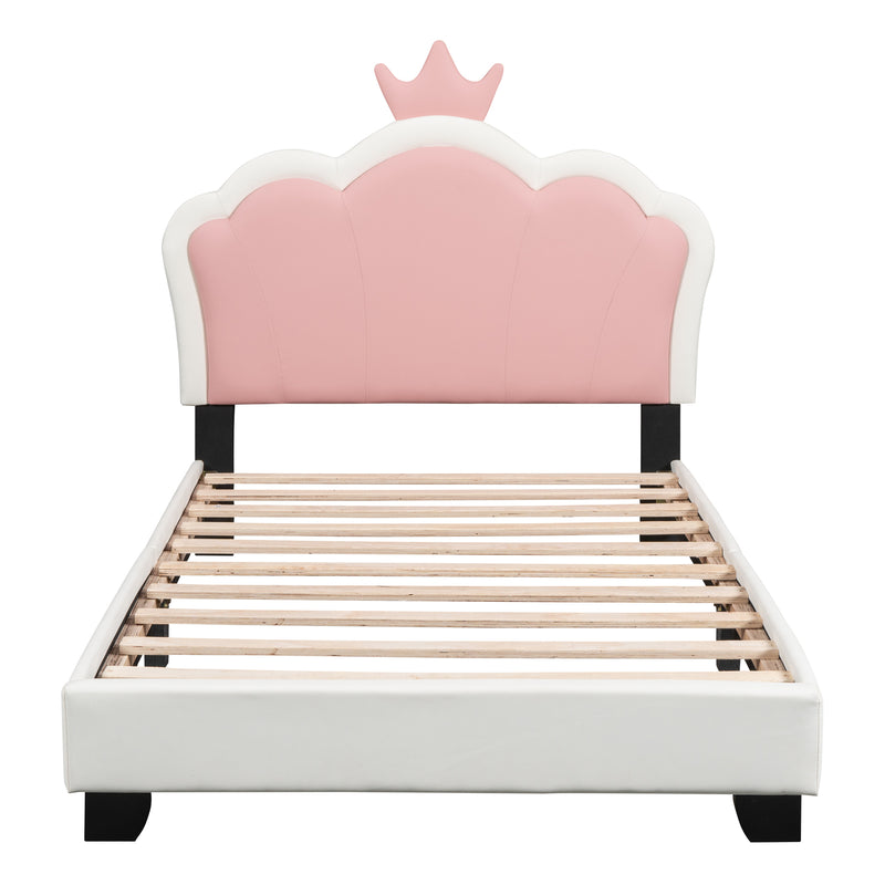 Twin size Upholstered Princess Bed With Crown Headboard,Twin Size Platform Bed with Headboard and Footboard, White+Pink