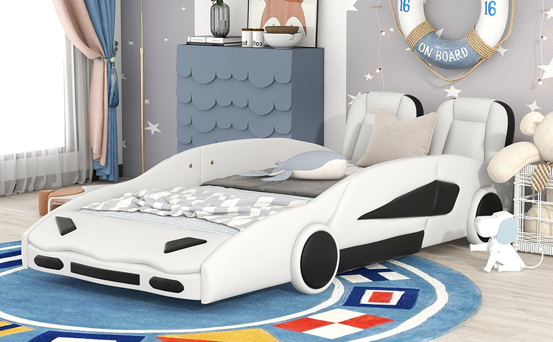 Twin Size Race Car-Shaped Platform Bed with Wheels, White