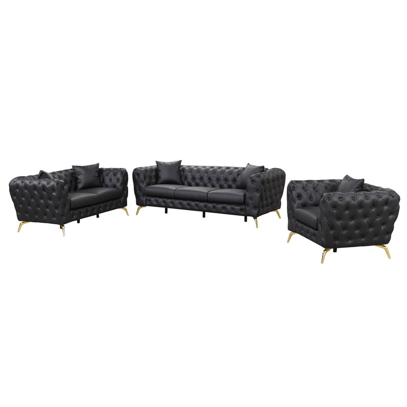 Modern 3 Piece Sofa Sets With Sturdy Metal Legs, Button Tufted Back, PU Upholstered Couches Sets Including Three Seat Sofa, Loveseat And Single Chair For Living Room Furniture Set - Black