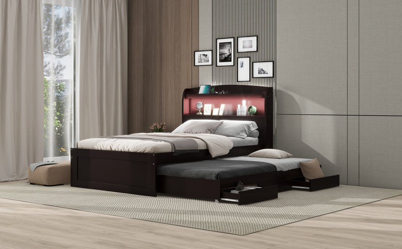 Twin XL Size Platform Bed with Storage LED Headboard, Charging Station, Twin Size Trundle and 2 Drawers, Dark Brown