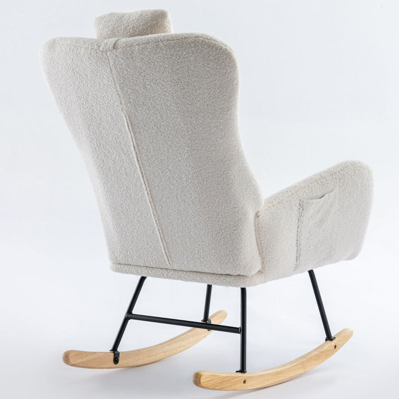 Rocking Chair With Pocket, Soft Teddy Fabric Rocking Chair For Nursery, Comfy Wingback Glider Rocker With Safe Solid Wood Base