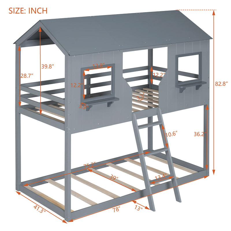 78" Twin Over Twin Bunk Bed Wood Bed With Roof, Window, Guardrail, Ladder - Gray