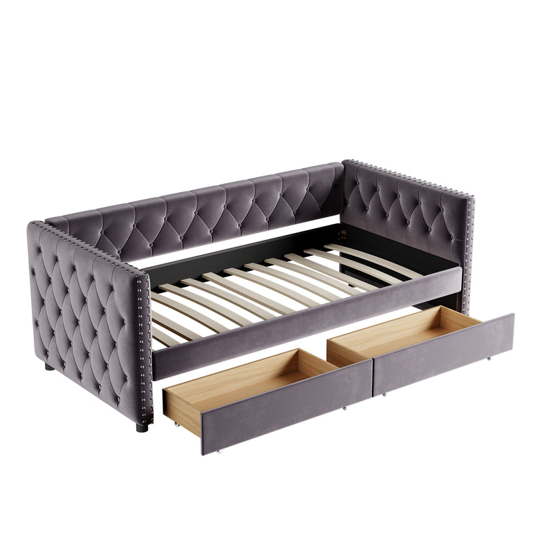 Sofa bed with drawers, modern velvet upholstered sofa bed with button tufted sofa bed frame with double drawers, bedroom living room furniture, Grey(83.47''x42.91''x30.71''')