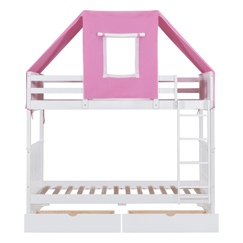 Twin Over Twin Bunk Bed Wood Bed with Tent and Drawers, White+Pink Tent