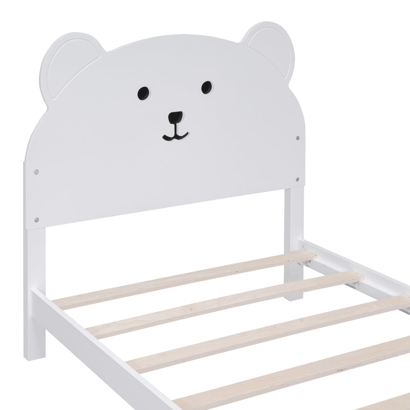 Twin Size Wood Platform Bed with Bear-shaped Headboard and Footboard,White