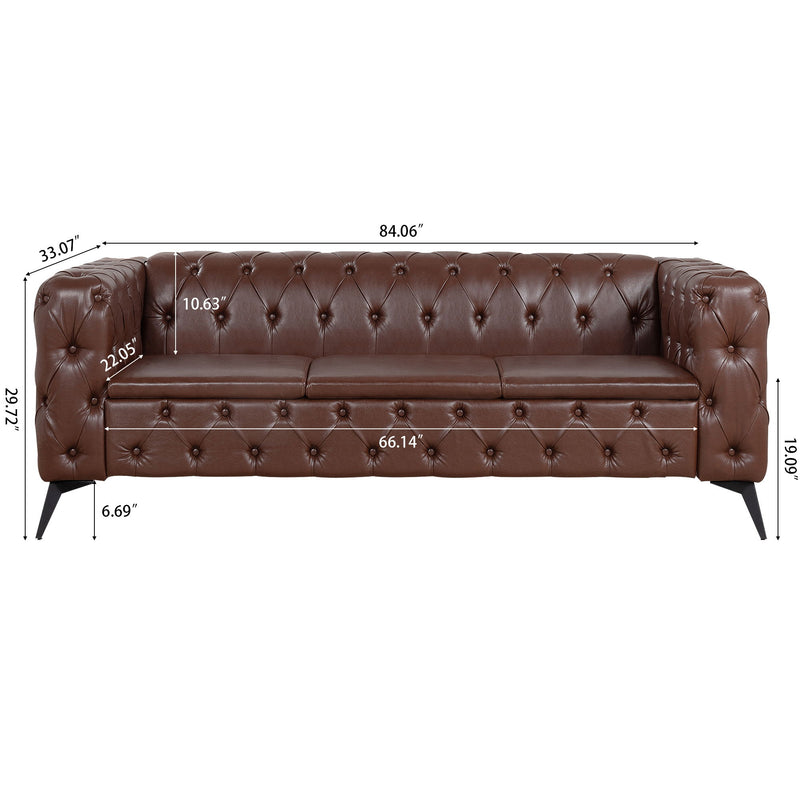 84.06" Width Traditional Square Arm Removable Cushion 3 Seater Sofa - Dark Brown