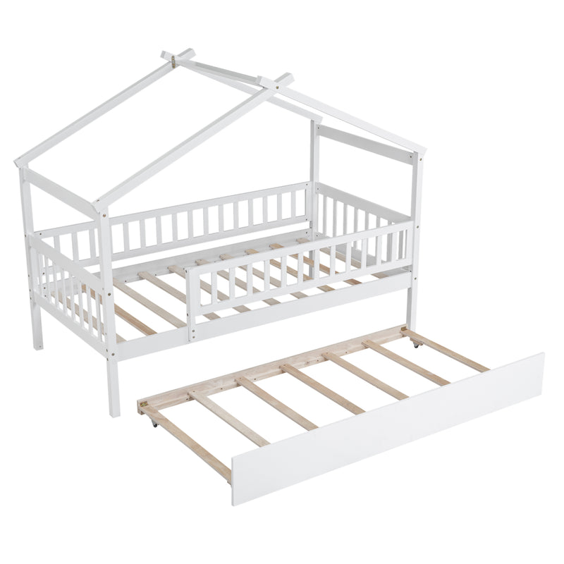 Twin Size Wooden House Bed with Twin Size Trundle, White