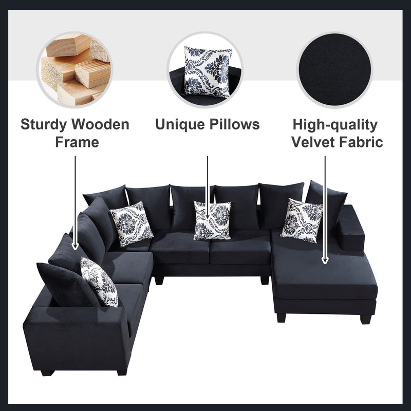 Modern U Shape Sectional Sofa, Velvet Corner Couch With Lots Of Pillows Included, Elegant And Functional Indoor Furniture For Living Room, Apartment, Office - Black