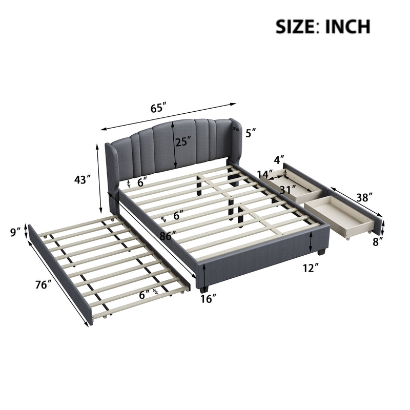 Upholstered Platform Bed with Wingback Headboard, One Twin Trundle and 2 Drawers, No Box Spring Needed, Linen Fabric, Queen Size Gray