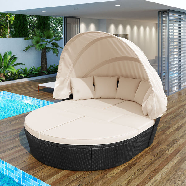 Outdoor Rattan Daybed Sunbed With Retractable Canopy Wicker Furniture, Round Outdoor Sectional Sofa Set - Black Wicker Furniture Clamshell Seating With Washable Cushions, Backyard, Porch