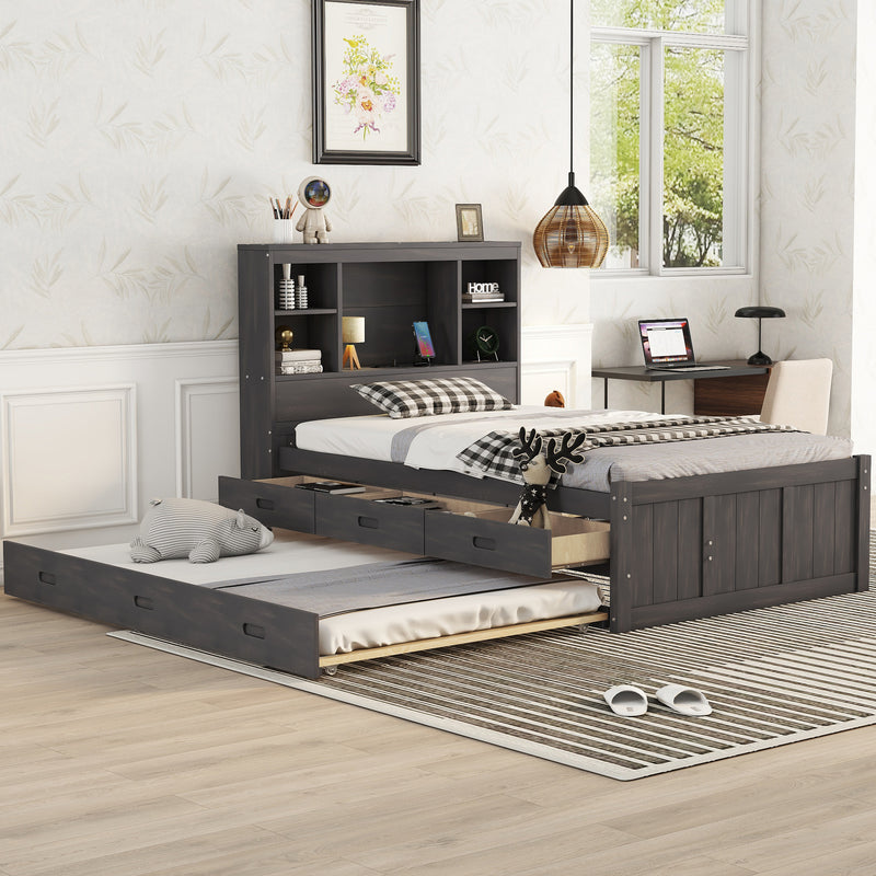 Twin Size Platform Bed with Storage Headboard, Charging Station, Twin Size Trundle and 3 Drawers, Antique Brown