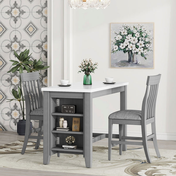 3-Piece Counter Height Dining Table Set With Built-In Storage Shelves, One Faux Marble Top Dining Table And 2 Counter Chairs With Footrest - Gray