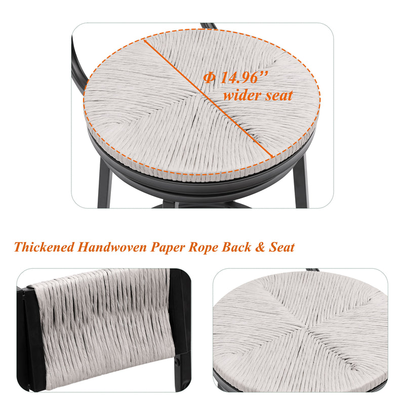 Bar Stools Swivel Counter Chairs With Metal Frame Hand Woven Paper Rope Dining Barstools For Kitchen Counter (Set of 2)