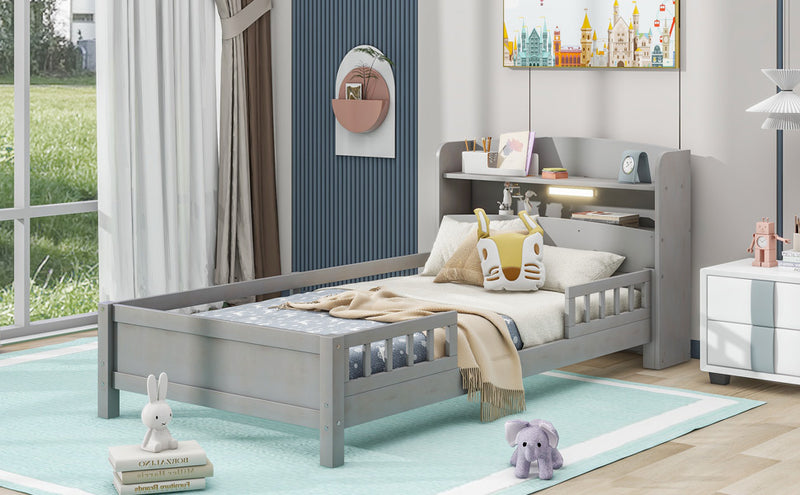 Wood Twin Size Platform Bed with Built-in LED Light, Storage Headboard and Guardrail, Antique Grey