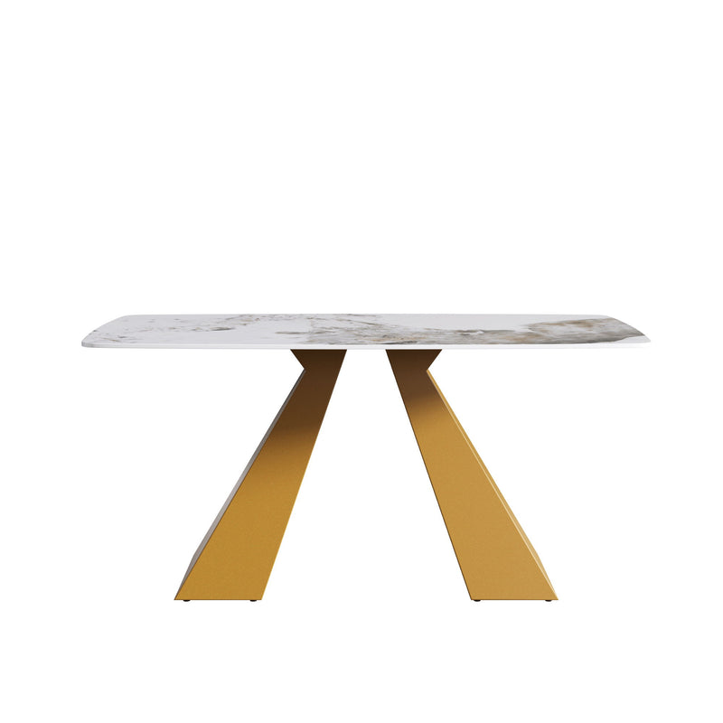 63" Modern Artificial Stone Pandora White Curved Metal Leg Dining Table, 6 People - Antique White / Gold