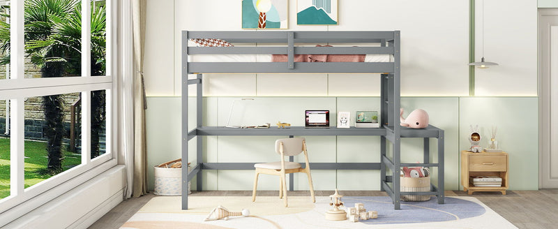 Full Loft Bed With Built-In Desk, Ladder Platform, Ladders, Guardrails - Gray