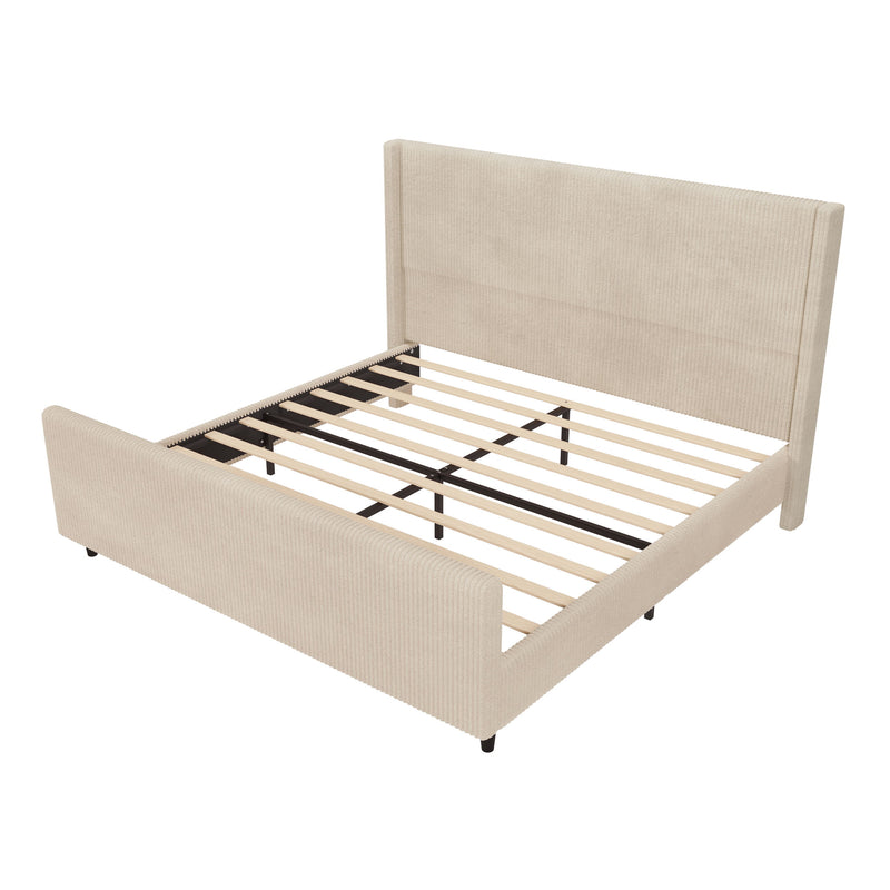 Corduroy Upholstered Bed Frame With Vertical Stripe Wingback And High Footboard No Box Spring Needed