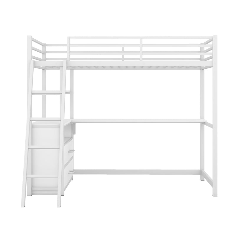 Twin Size Metal&Wood Loft Bed with Desk and Shelves, Two Built-in Drawers, White