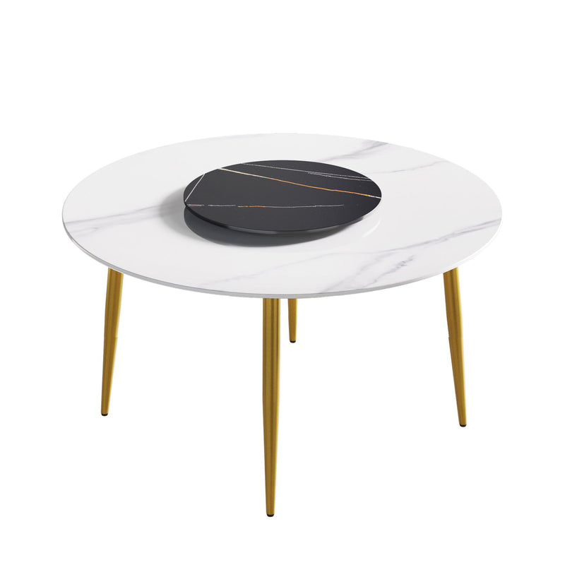 53.15" Modern Artificial Stone Round Golden Metal Dining Table, Can Accommodate 6 People, Artificial Stone Turntable - White / Black