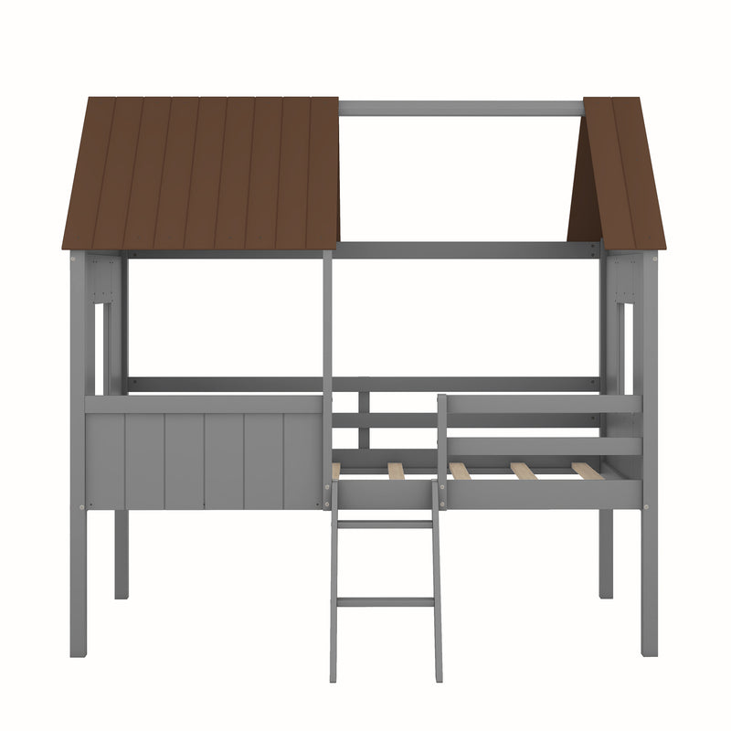 Twin Size Low Loft Wood House Bed with Two Side Windows  (Gray +Brown)(OLD SKU: LP000037AAL)