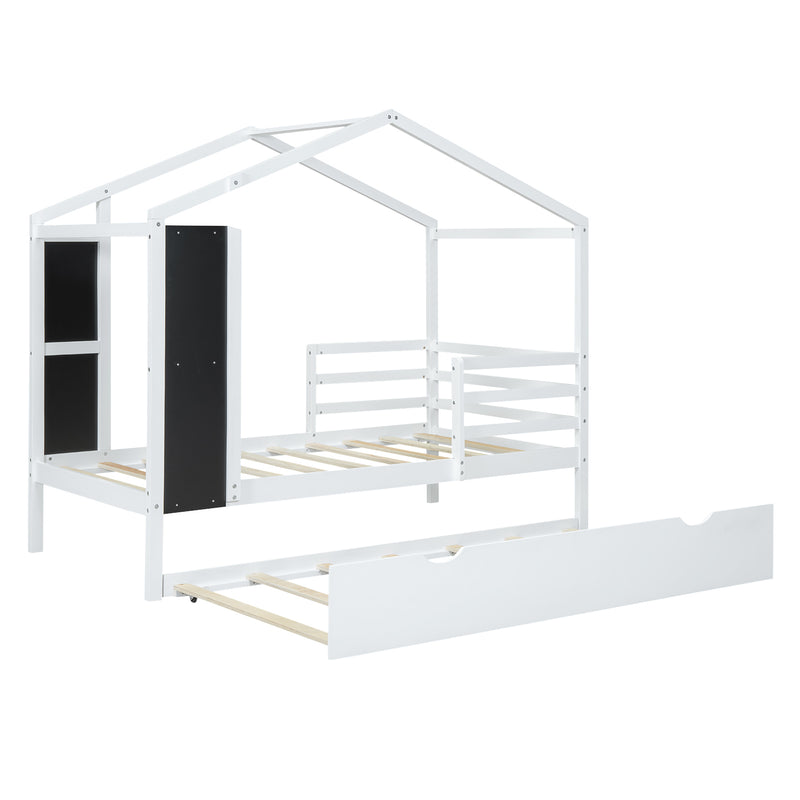 Twin Size Wood House Bed with Fence and Writing Board, White