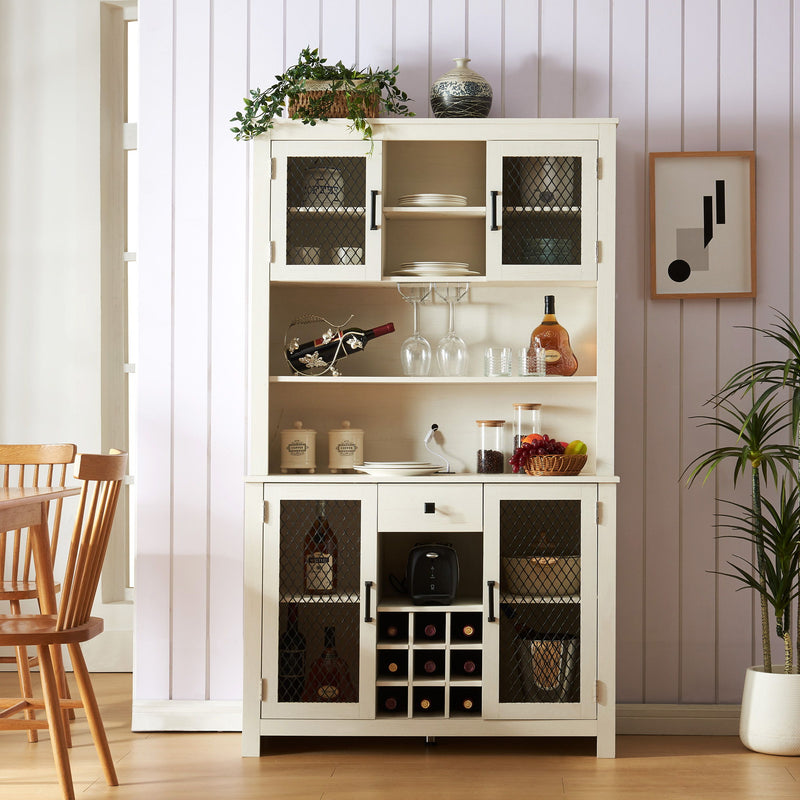 Kitchen Pantry Storage Cabinet Rustic Buffet Cabinet, Kitchen Hutch Cabinet With LED Outlets Food Pantry Cabinet With Doors And Shelves Wine Rack For Dining Room - Antique White