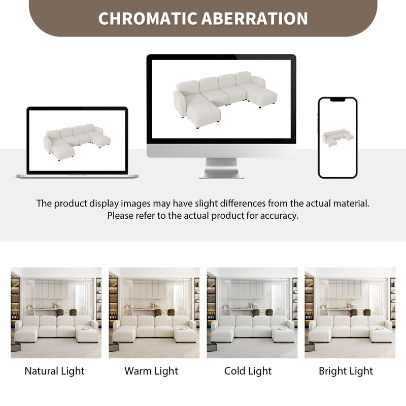 Velvet Modular Sectional Sofa, U Shaped Reversible Couch Set, Free Combination, 6 Seat Sleeper Cloud Sofa Bed With Ottoman, Convertible Oversized Indoor Furniture Pieces For Living Room - Beige